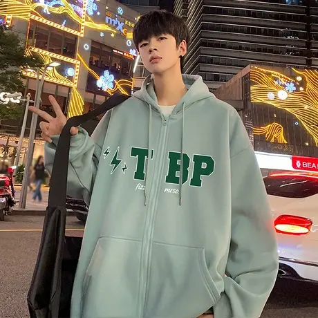 美式拉链开衫连帽卫衣男ins潮牌春秋季宽松休闲帽衫情侣高街外套商品大图