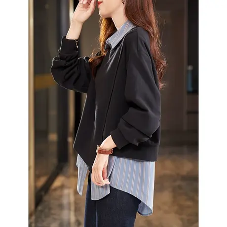 宝诗黎衬衫领条纹拼接假两件休闲卫衣2024春季新款设计感宽松上衣商品大图