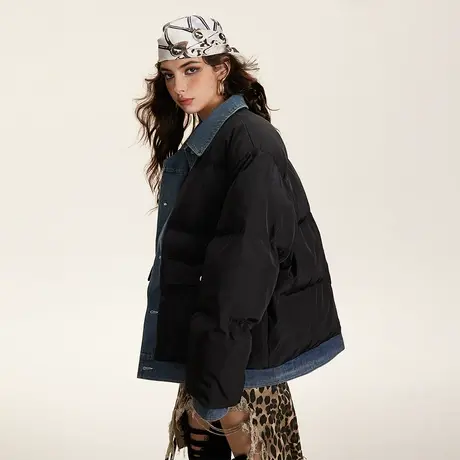 设计感拼接棉服女加厚冬季外套2023新款复古牛仔拼接oversize棉衣商品大图