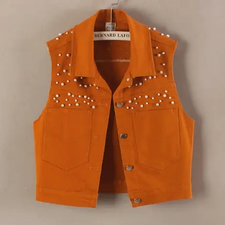 牛仔马甲女背心短款春秋夏宽松新款无袖大码外搭显瘦彩色钉珠坎肩商品大图