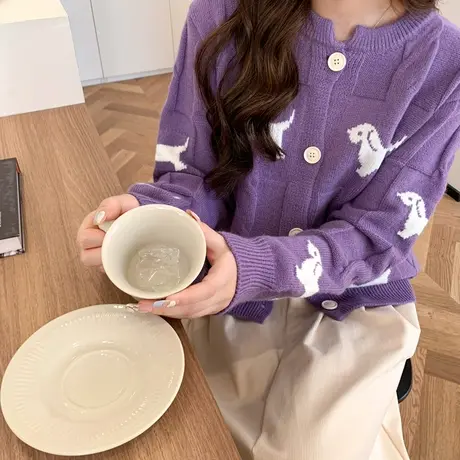 慵懒风短款毛衣女款2023新款秋冬外穿开衫外套雅致时尚宽松针织衫图片