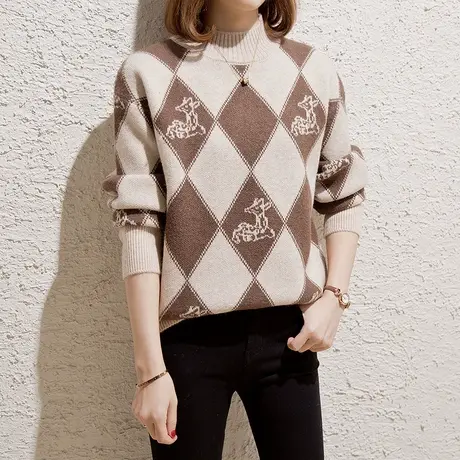 半高领毛衣女加厚打底衫2023秋冬新款宽松外穿针织衫内搭菱格上衣商品大图