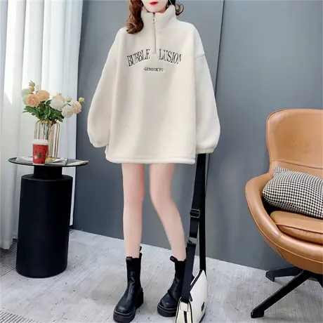 加绒加厚立领羊羔毛卫衣女秋冬2022年新款洋气减龄设计感上衣外套商品大图