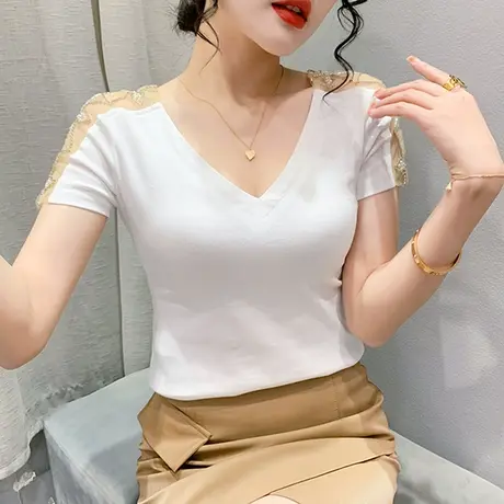 女装2024新款网红V领T恤短袖设计感小众钉珠上衣气质百搭体恤夏天商品大图