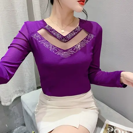 2024秋装新款网纱拼接长袖T恤女性感镂空烫钻上衣修身V领打底衫潮商品大图