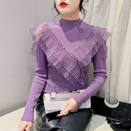 性感镂空针织衫长袖气质荷叶边拼接上衣女装气质减龄套头加厚毛衣商品大图