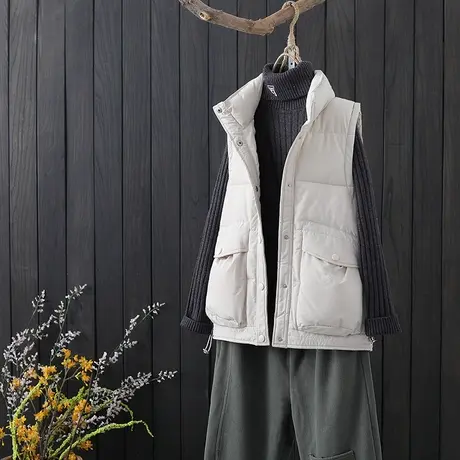 羽绒棉马甲女装秋冬2020年新款文艺纯色暗扣马夹百搭外穿棉服坎肩商品大图