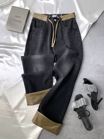韩版皮质拼接牛仔直筒裤女2023秋新款显瘦百搭高腰宽松卷边烟管裤商品大图