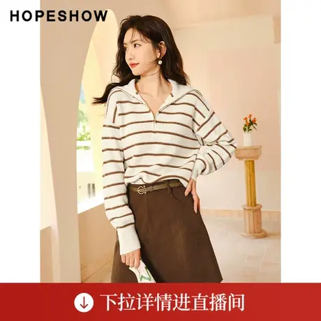 【直播专享】冬季金丝条纹海军翻领套头针织衫90122320105红袖商品大图
