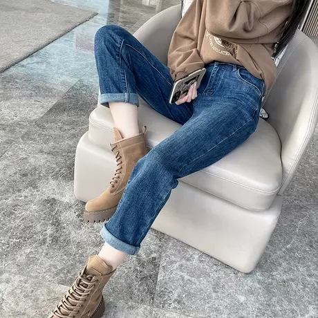 直筒牛仔裤女春秋2023年新款高腰显瘦宽松卷边九分小个子烟管裤子商品大图