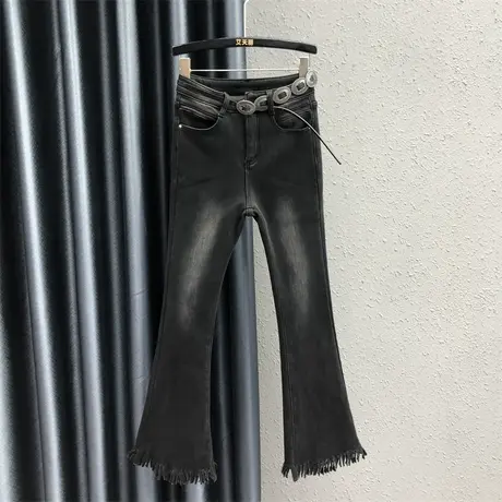 欧货个性磨白毛边微喇裤女2023秋冬新款高腰显瘦加厚牛仔阔腿长裤图片