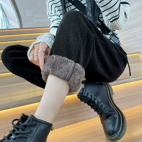 加绒运动裤女冬季2023年新款高腰宽松束脚加厚黑色休闲大码哈伦裤商品大图