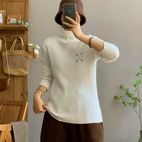 dza 复古棉线高领针织衫女士秋冬纯色内搭打底衫宽松上衣休闲毛衣图片
