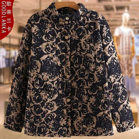 中老年人妈妈花色棉袄冬装新款老太太棉服立领大码女棉衣棉麻外套商品大图