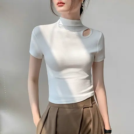 白色半高领短袖t恤女秋季小心机修身显瘦衬衫内搭打底衫上衣潮商品大图