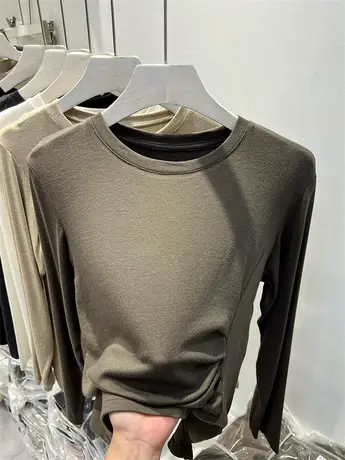 欧货圆领休闲T恤褶皱弹力上衣女2023年早秋新款长袖软糯针织体恤商品大图