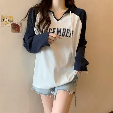 ins超火连帽插肩长袖T恤女春秋2024新款宽松百搭V领打底衫上衣潮商品大图