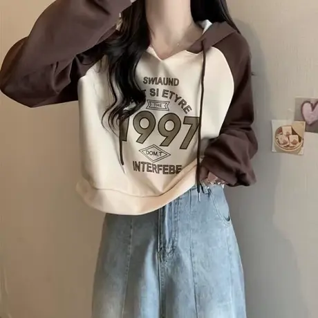 撞色插肩袖连帽卫衣女秋季韩版宽松显瘦辣妹短款小个子薄款上衣潮商品大图
