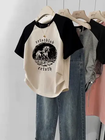 美式复古撞色插肩袖短款正肩T恤女夏季潮牌ins修身短袖设计感上衣图片