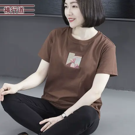 2025夏季新款简约休闲圆领珠绣宽松短袖T恤女妈妈装外穿大码上衣商品大图