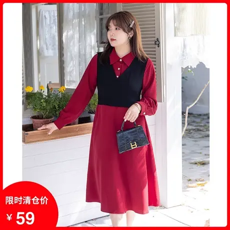 【清仓】假两件连衣裙2024年春装新款撞色拼接收腰显瘦复古衬衫裙图片