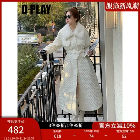 DPLAY冬新气质通勤杏色插肩袖长款可调节腰带棉服外套商品大图