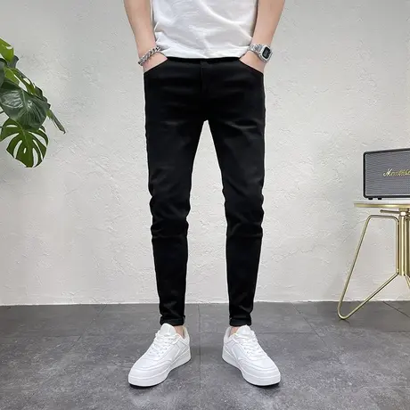 秋季新品男款纯黑色休闲时尚牛仔裤潮流简约百搭青年修身小脚男裤商品大图