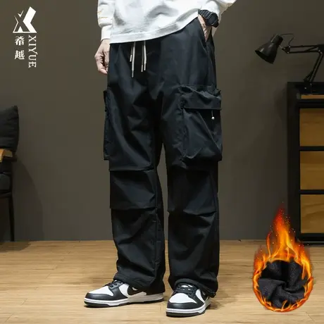 希越水晶绒机能工装男士直筒裤秋冬季宽松大码加绒加厚百搭休闲裤商品大图
