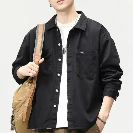 男士黑色纯棉衬衫男长袖高级感2023新款休闲衬衣外套美式复古上衣商品大图