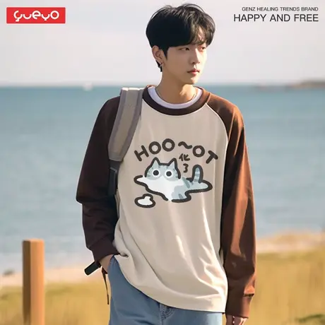 悦游 化了猫 日系猫咪融化拼色长袖T恤男原创秋冬重磅纯棉商品大图