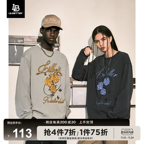 Lilbetter落肩长袖T恤男潮流情侣装圆领体恤美式上衣复古打底衫秋图片