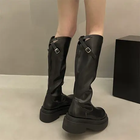 永希靴子女长筒靴秋冬粗腿2023新款厚底小个子瘦瘦靴黑色骑士靴图片