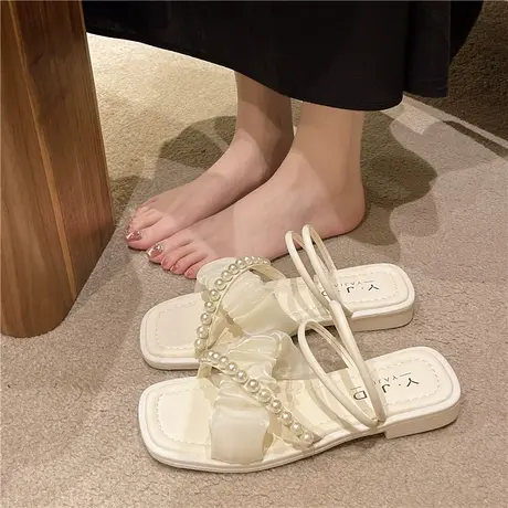 网红绝美平底凉拖鞋女夏外穿配裙子2024新款法式高级感外出沙滩鞋商品大图