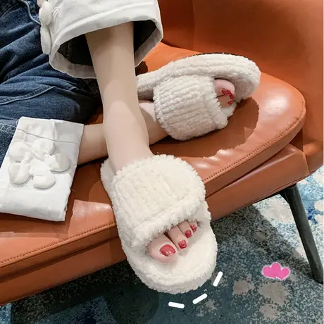 网红爆款毛毛拖鞋女2024年秋冬新款白色韩版ins风踩屎感毛绒棉拖商品大图