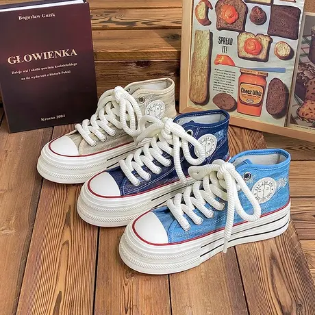 2023年新款秋季高帮帆布鞋女鞋ins潮百搭增高休闲鞋运动学生鞋子图片