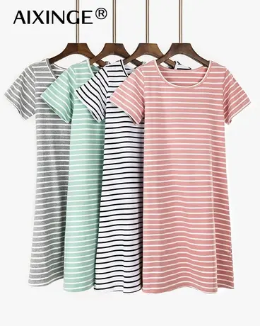 短半袖棉款粘纤莫代女睡裙中裙加大码宽松薄款外穿条纹家居服夏季图片