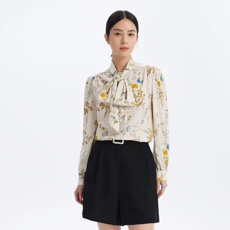 LANCY/朗姿真丝衬衫秋季新品印花飘带女士高级通勤OL衬衣奥莱商品大图