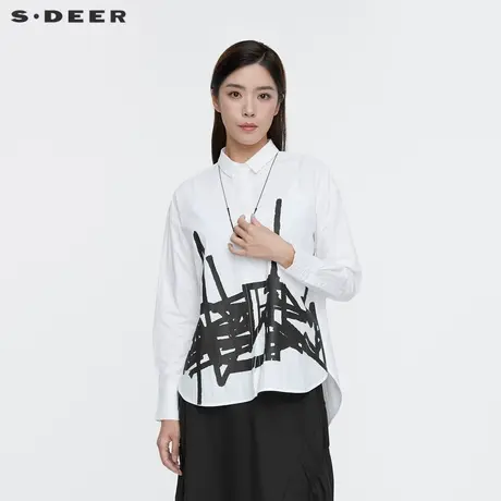 sdeer圣迪奥女装春秋装休闲翻领撞色印花不规则长袖衬衫S21380526图片