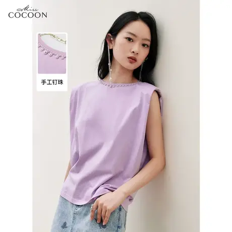 missCOCOON钉珠无袖针织T恤女2023夏装新款简约时尚百搭休闲上衣商品大图