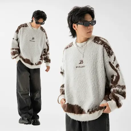 男士圆领提花毛衣男冬季慵懒风软糯宽松针织衫外套男款新款毛线衣商品大图