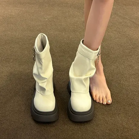 高级感网红短筒靴女2024秋冬季新款爆款洋气复古百搭厚底裤管冬靴图片