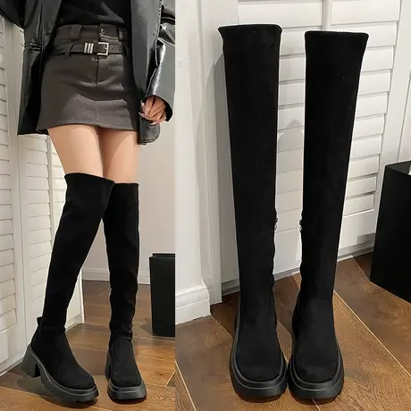 靴子女2023新款秋冬长筒靴女厚底粗跟高跟鞋过膝靴长靴弹力瘦瘦靴图片