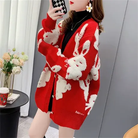 红色小兔毛衣开衫女秋冬2023新款宽松慵懒风加厚洋气针织外套上衣商品大图