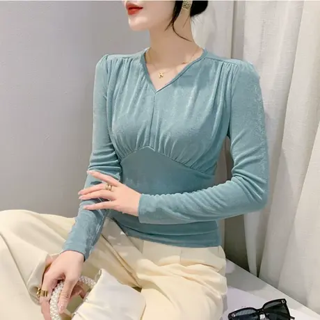 设计感网纱拼接打底衫女长袖T恤性感V领镂空洋气内塔修身收腰上衣商品大图