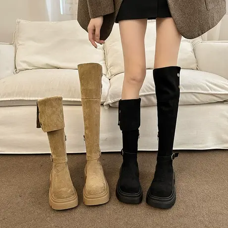 长筒靴子女2023新款秋冬显瘦小众西部靴小个子厚底增高粗跟过膝靴图片