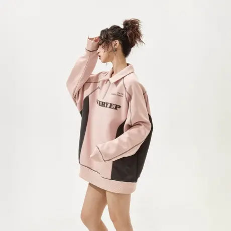 YEP潮牌拼接半高领拉链卫衣女2024年新款春装街头情侣装宽松上衣商品大图