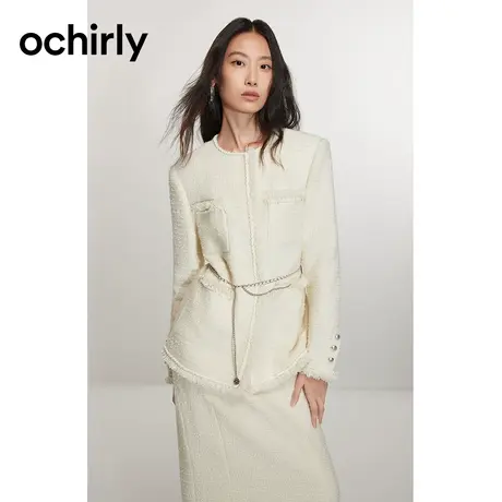 澳羊毛小香风外套女 ochirly欧时力2024新款早春珠片法式中长款图片