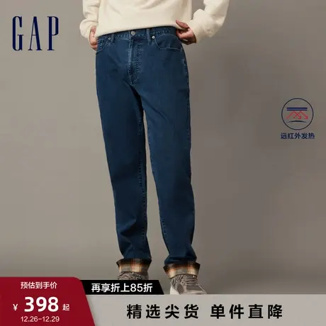 Gap男装冬季新款远红外发热保暖格纹拼接牛仔裤潮流直筒裤836345图片
