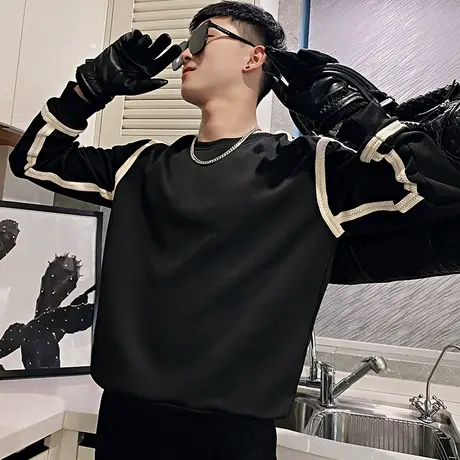 春秋季个性卫衣男2023新款长袖打底衫t恤小众痞帅男装拼接上衣潮商品大图