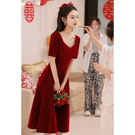 敬酒服新娘小个子法式泡泡袖平时可穿订婚礼服女夏季红色连衣裙商品大图